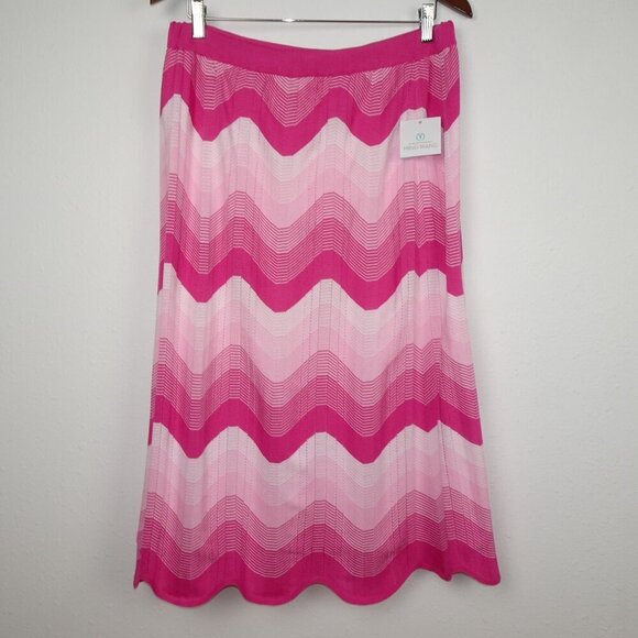 Ming Wang Midi Pencil Skirt Size L Pink Chevron Knit Scalloped Hem Lined - Picture 2 of 11